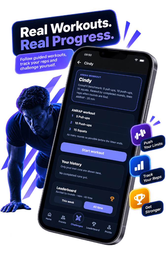 Athlete Arena workout screen with camera rep counting and a bodyweight athlete